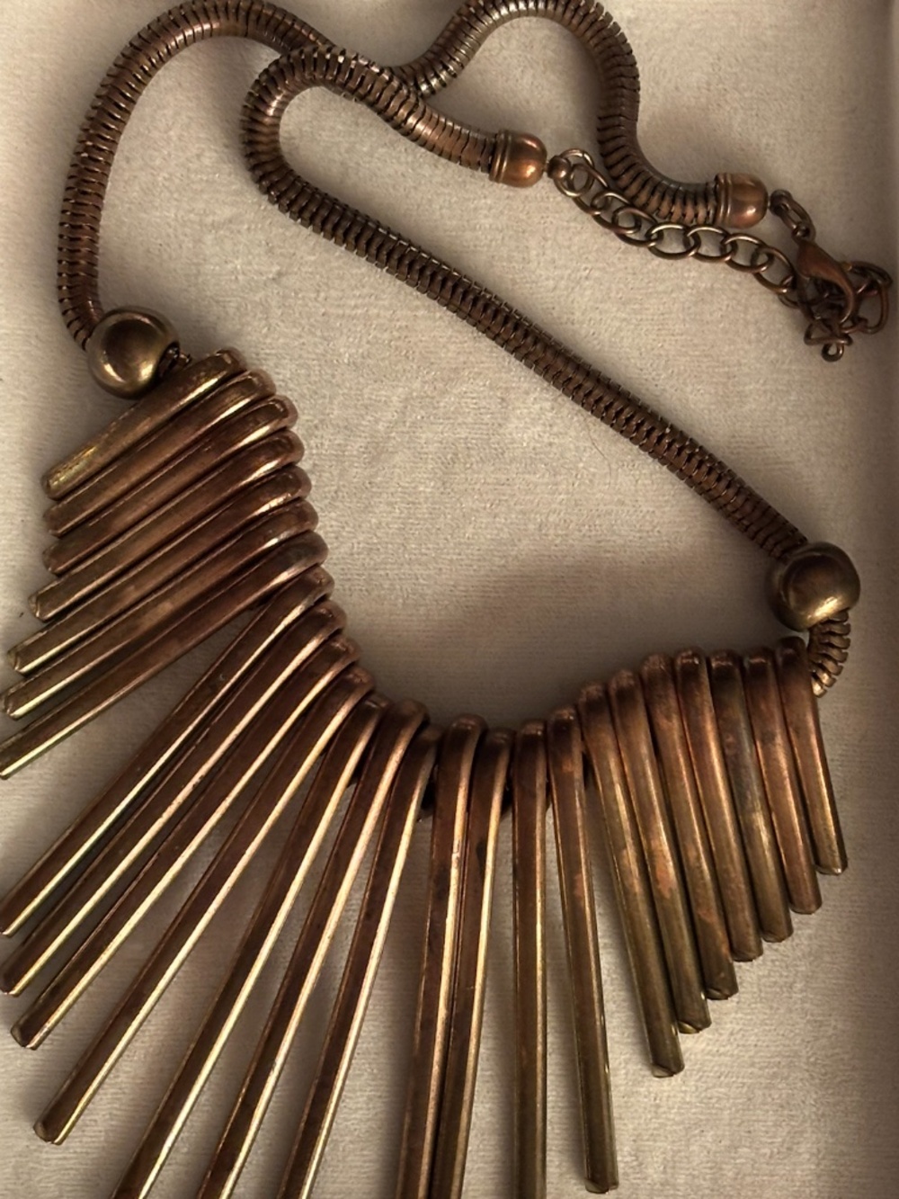 Vintage Copper Tone Fan Fringe Statement Bib Necklace Geometric